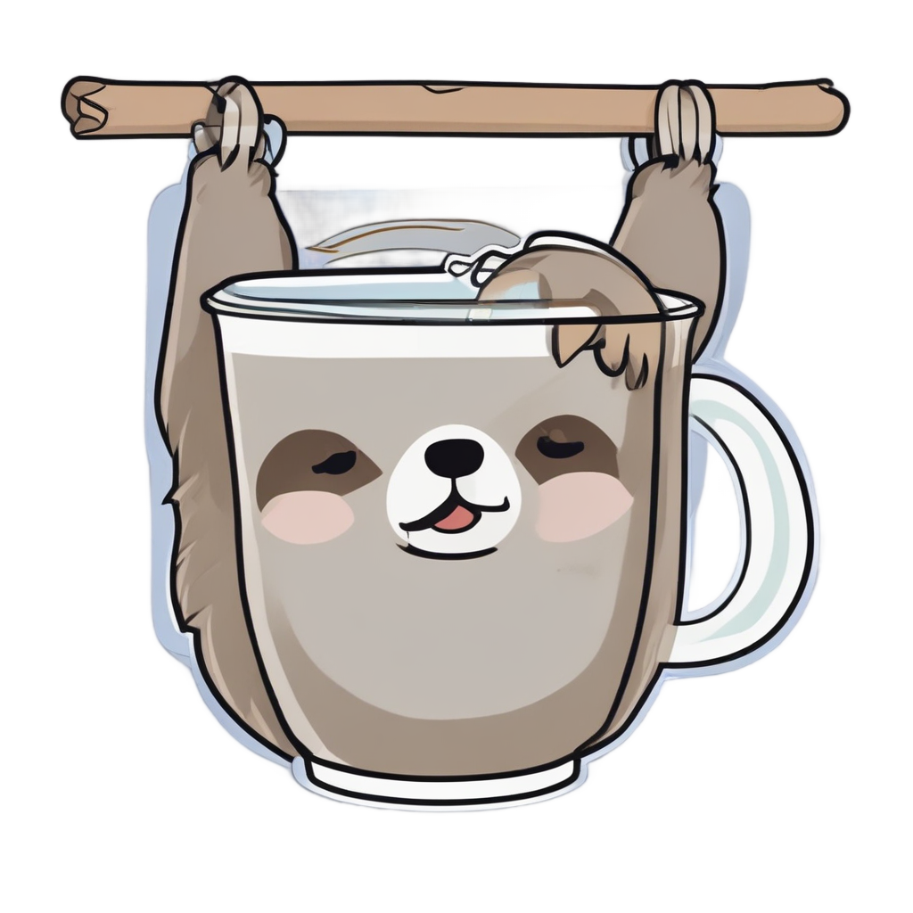 Sleepy sloth in gray-blue camo hanging with coffee