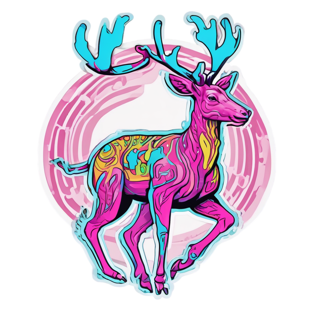 A neon cyan and magenta camo deer dancing with headphones on a plain background