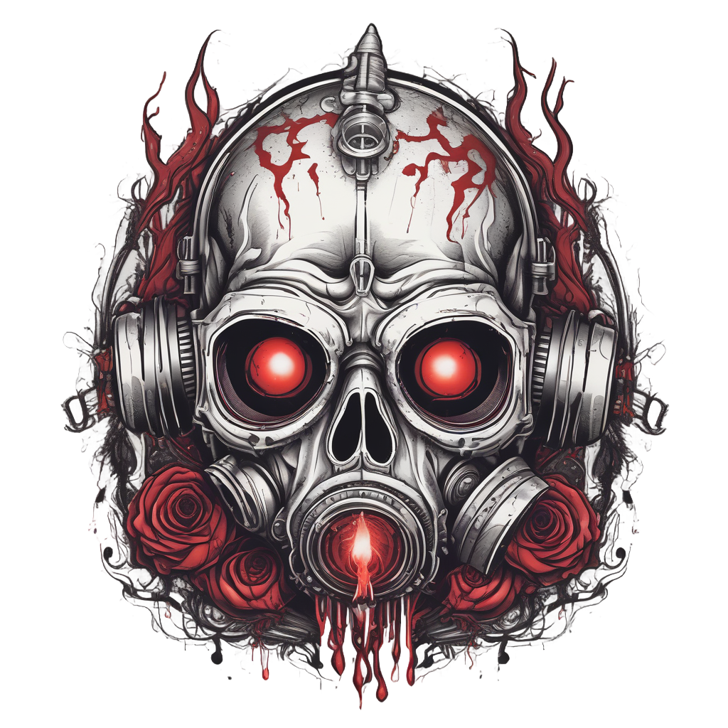 Die-cut sticker of a gas mask skull with melting wax and candle flames in red and black
