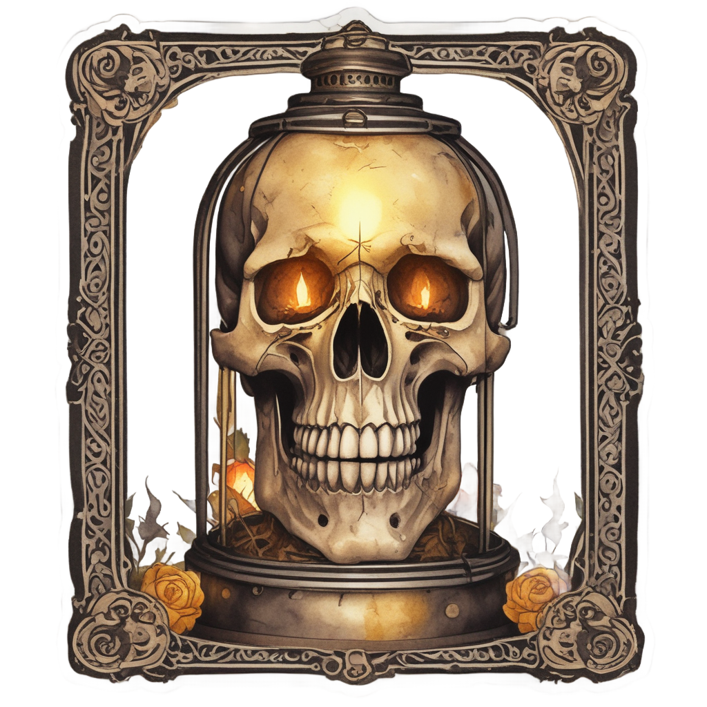 Watercolor lantern skull with glowing candle inside