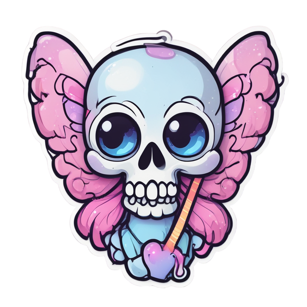 A kawaii winged chrome skull with pink wings holding a heart lollipop, bright pastel colors, sticker