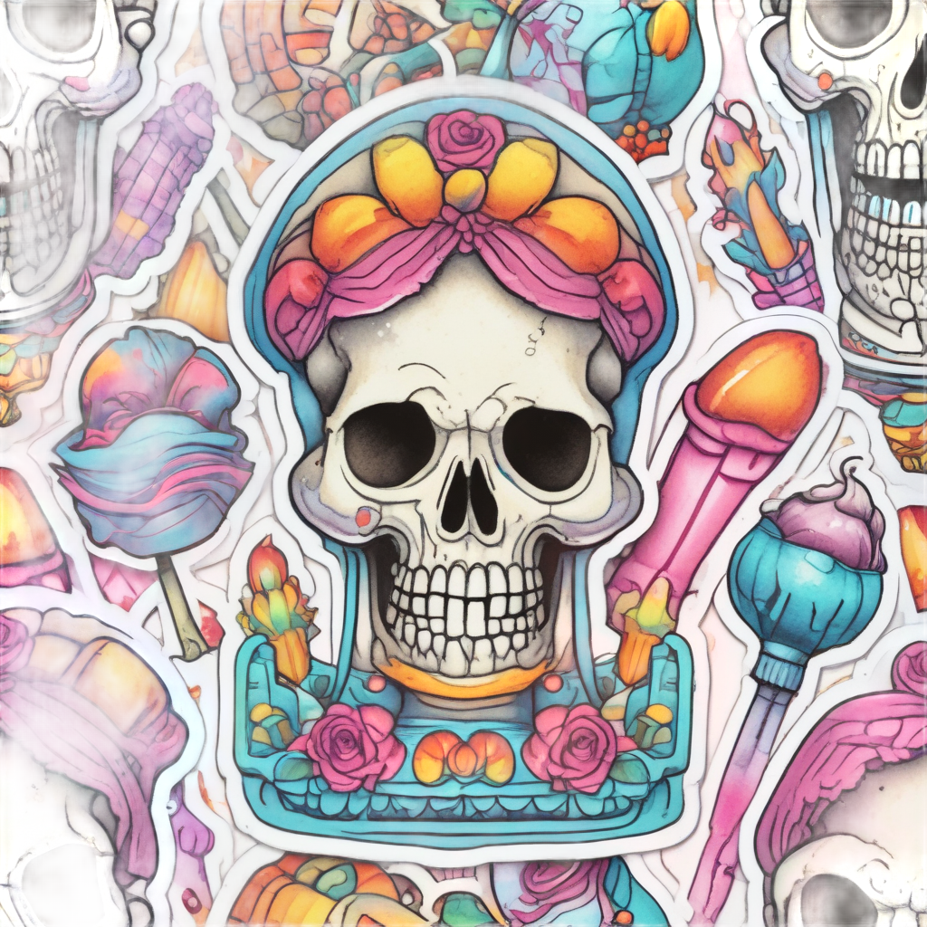 Watercolor candy skull hourglass reaper in neon colors