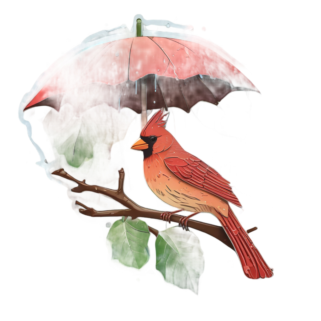 A cardinal under a green leaf umbrella with blue raindrops around it in papercut style