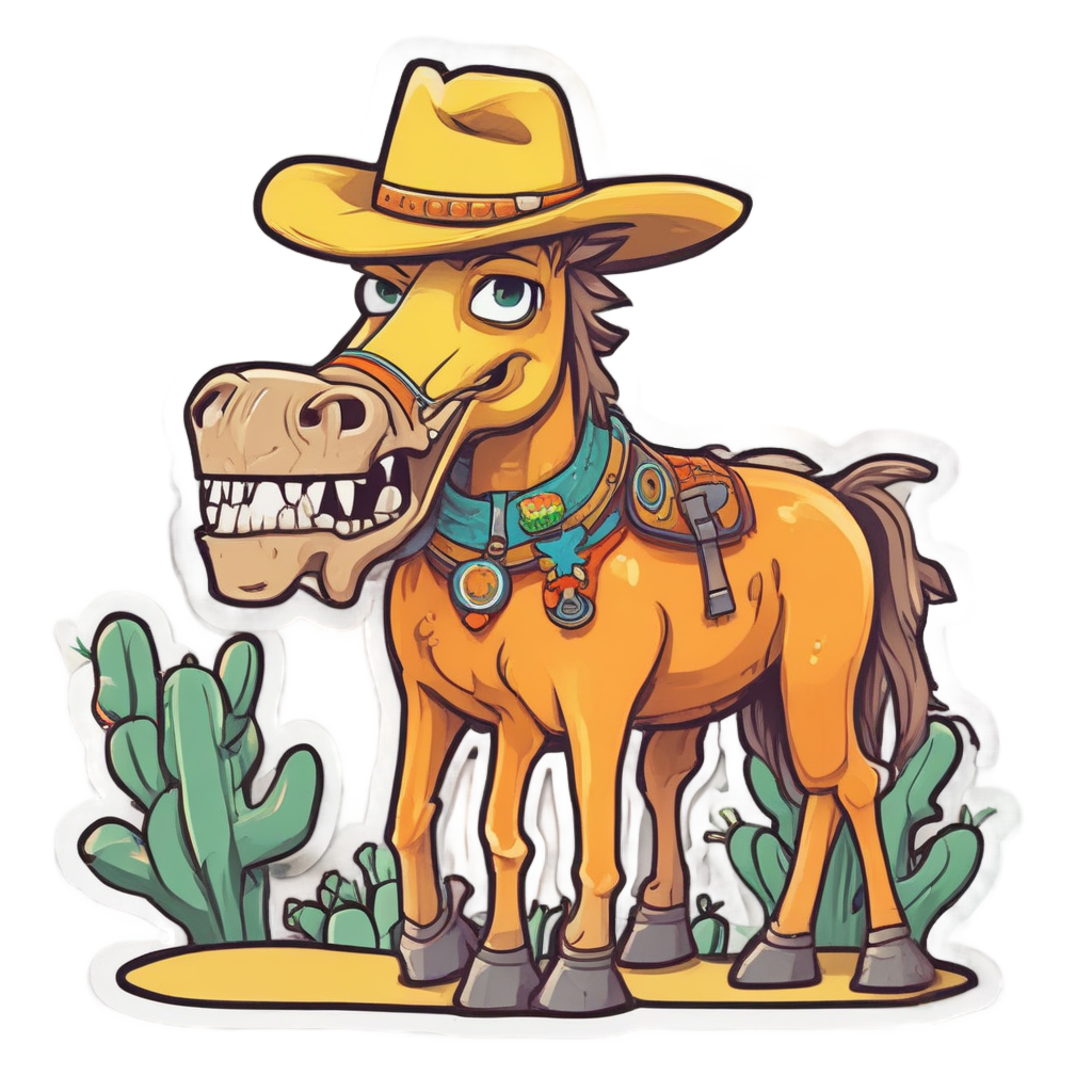 A cartoon horse in a cowboy hat with missing tooth holding a tiny cactus in 1960s animation style.
