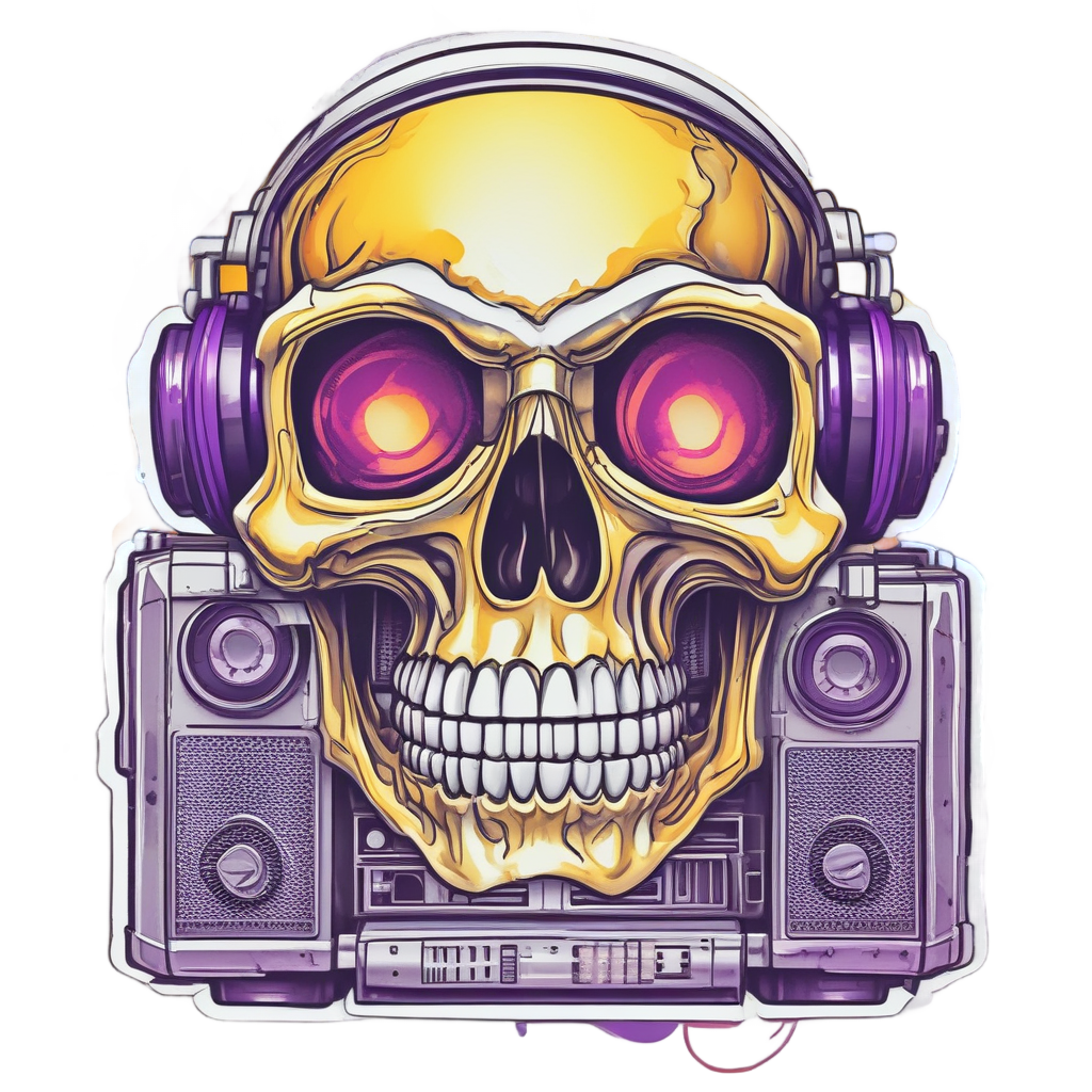 Chrome flame skull with cassette tape eyes and boombox flames
