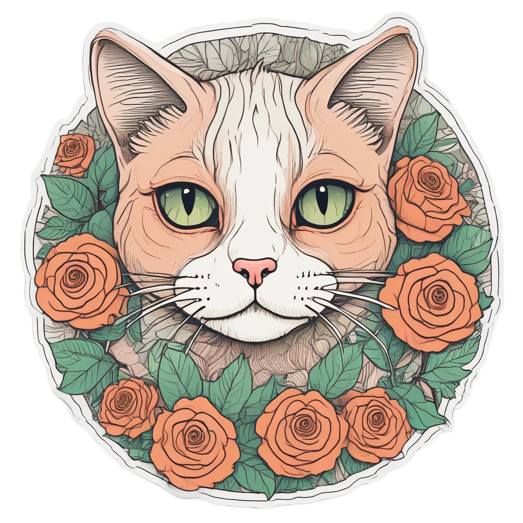 Line art orange cat peeking from a green rose bouquet on white.