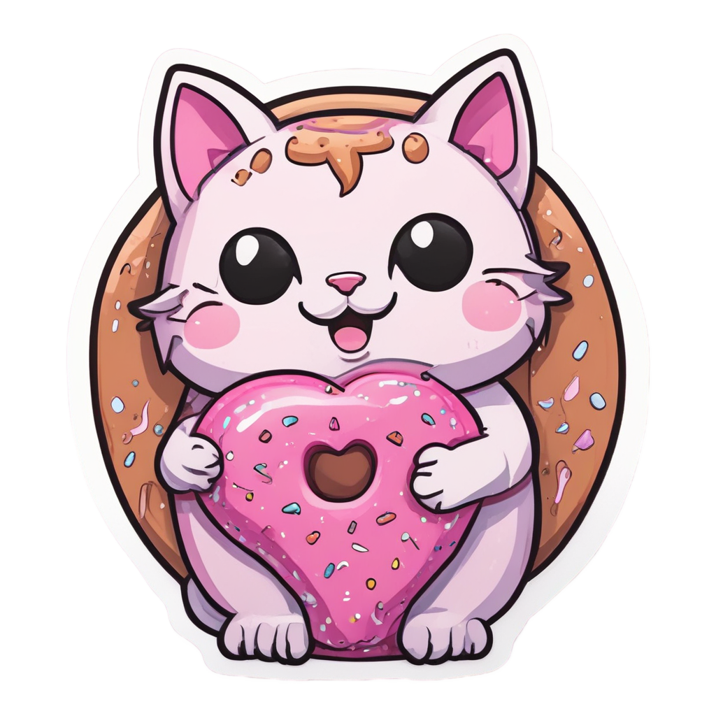 A delighted chibi cat hugging a giant donut.