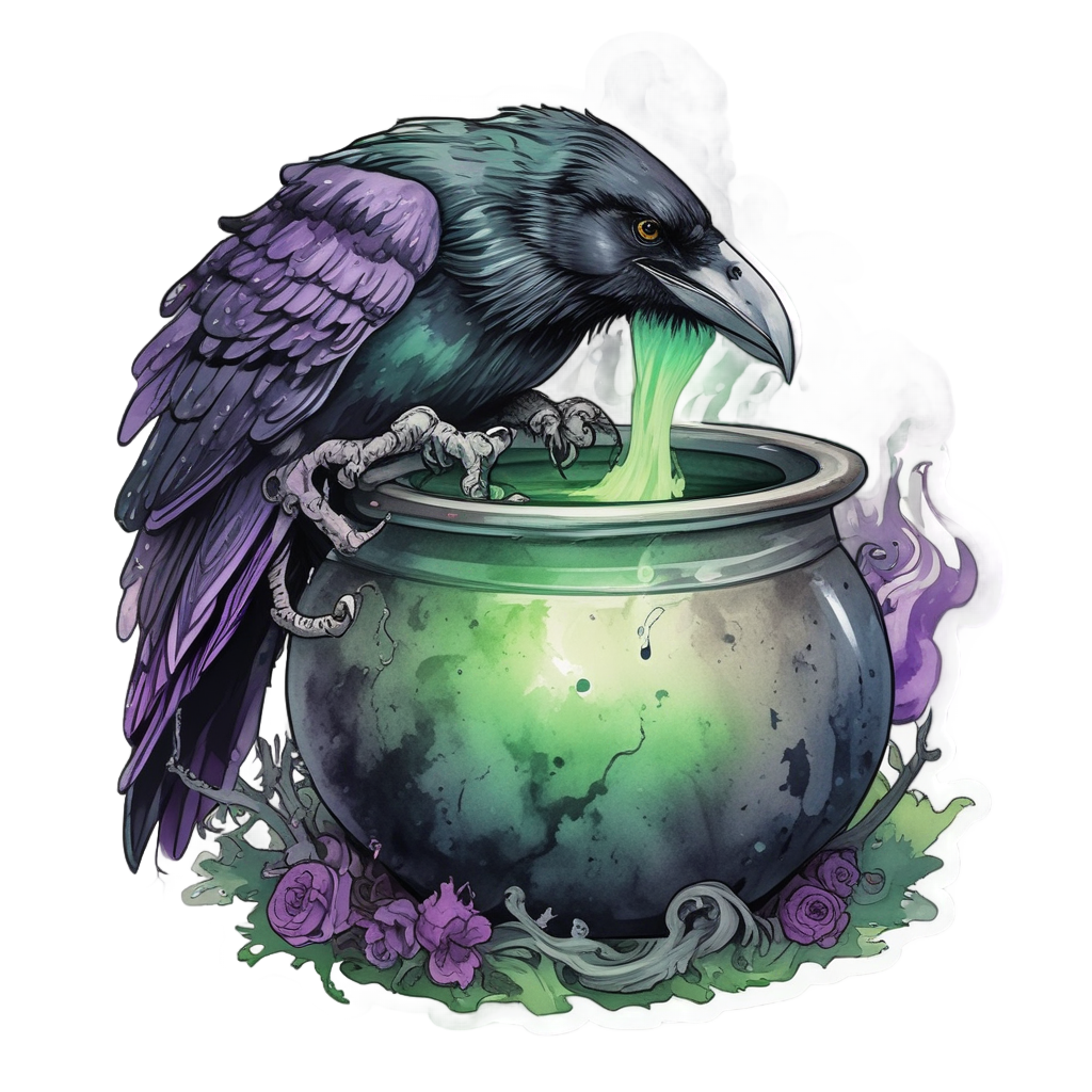 Raven skull with cauldron in watercolor washes