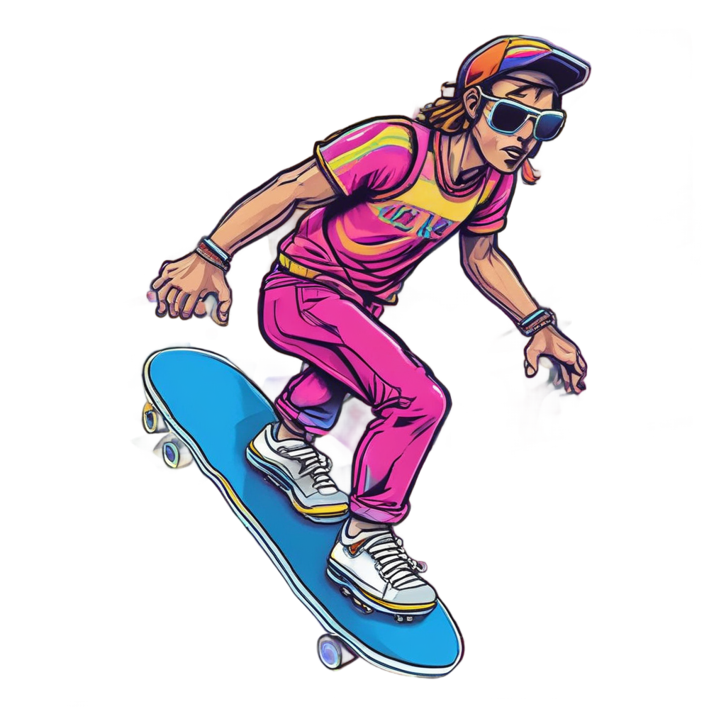 Skateboarder in 80s style holding yellow caution stripe badge on board