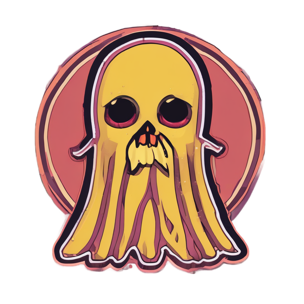 A neon yellow caution stripe ghost with empty eyes and pink bow on orange.
