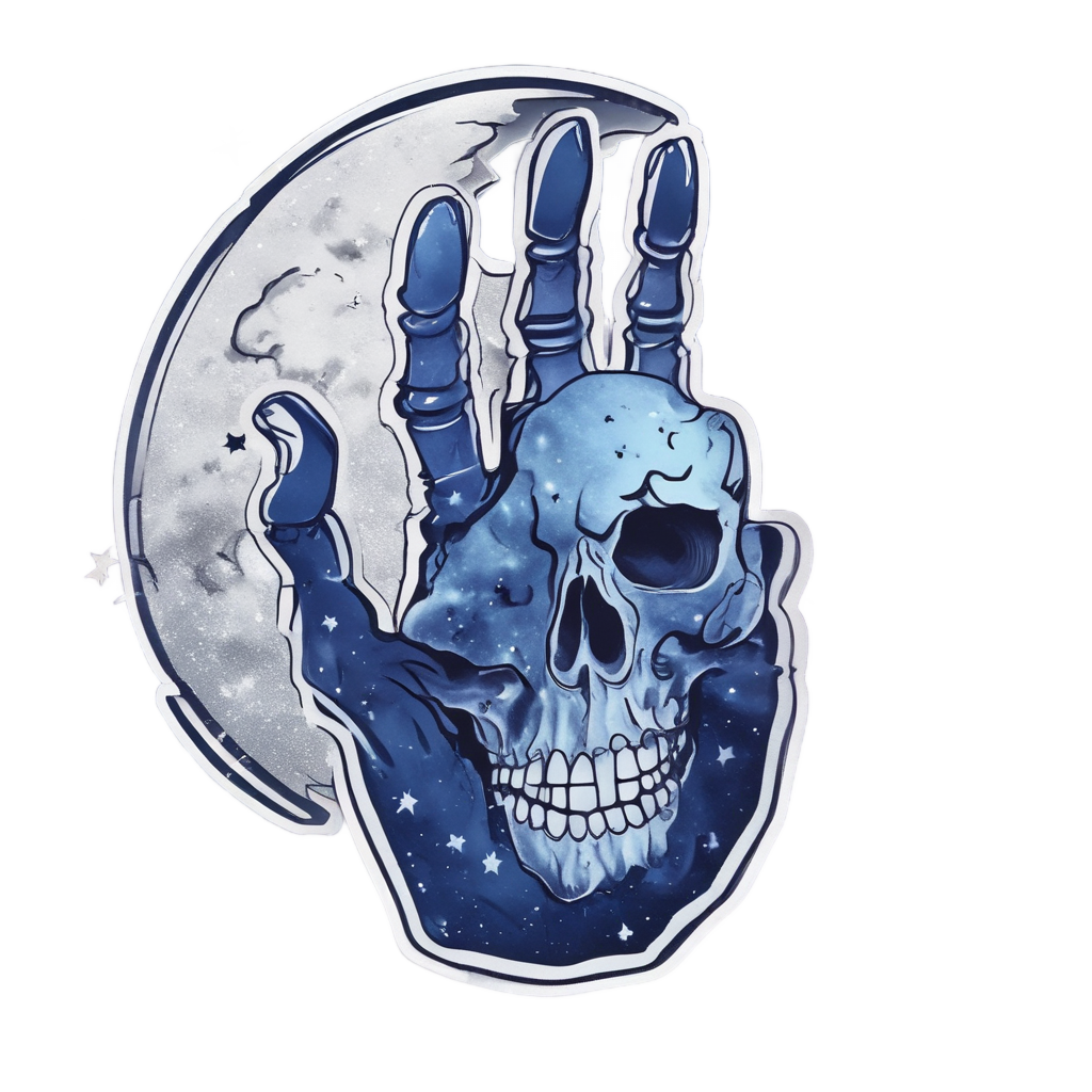 A handprint skull with a crescent moon and stars in its palm
