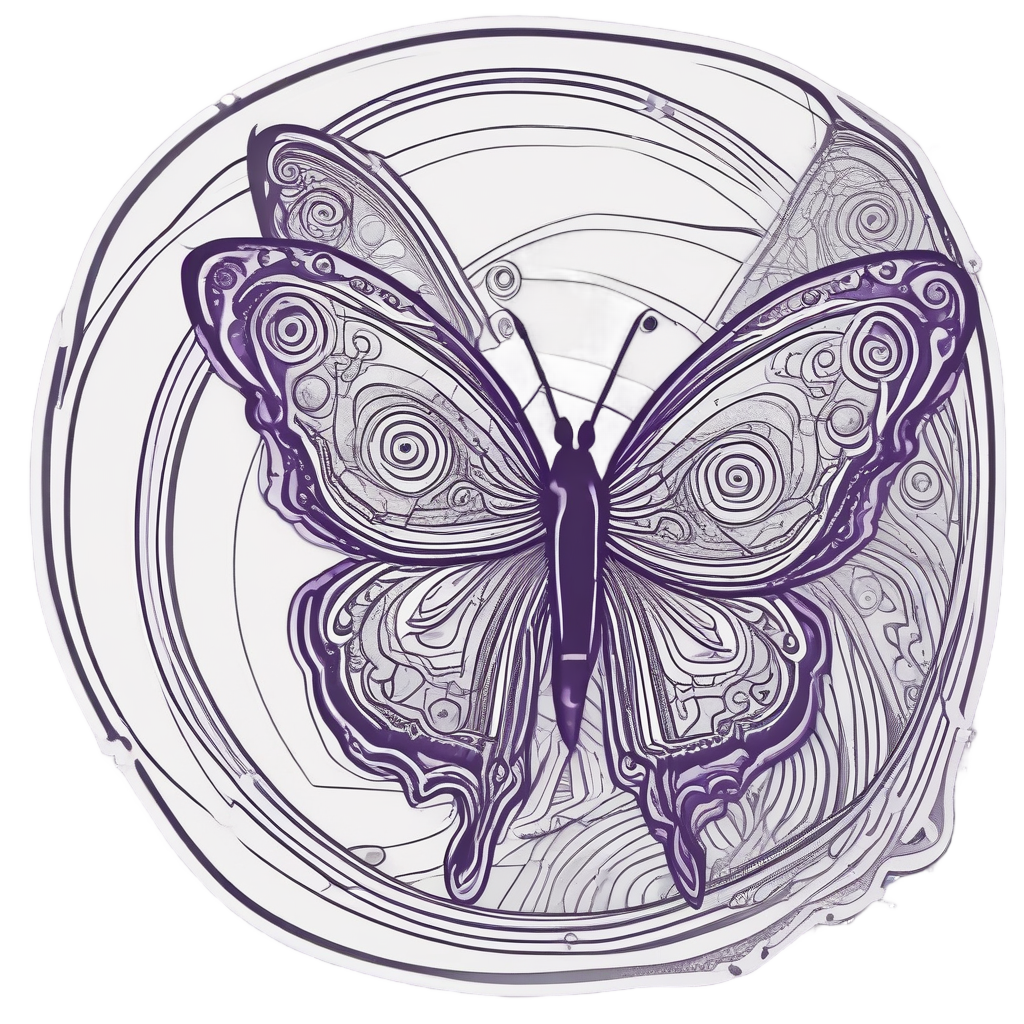 A purple butterfly with concentric circle patterns orbits in space.
