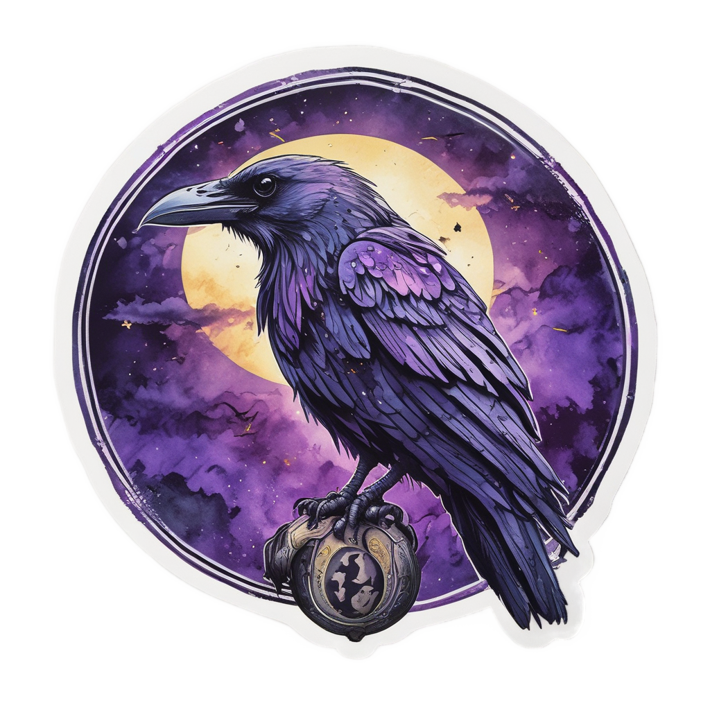 Raven skull with moon and stars in watercolors