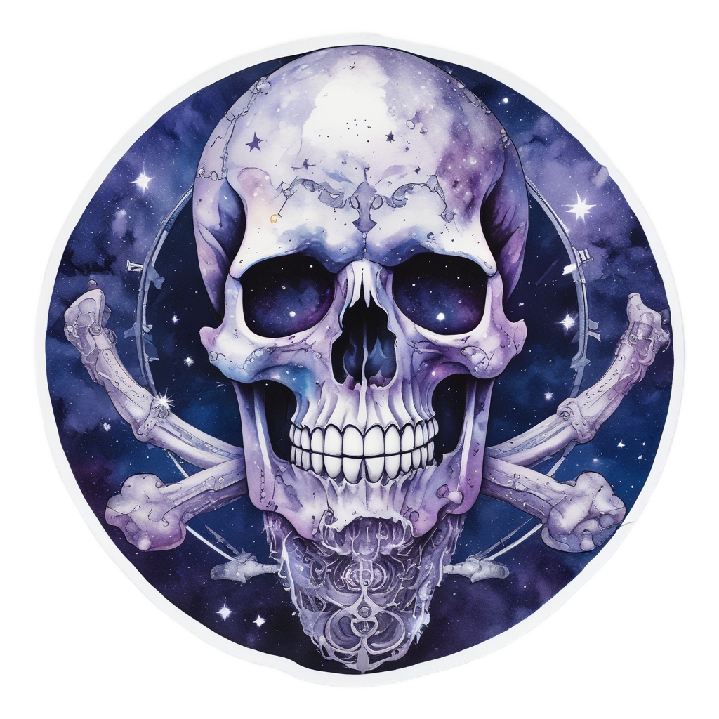 Watercolor celestial skull and crossbones with nebula and stars