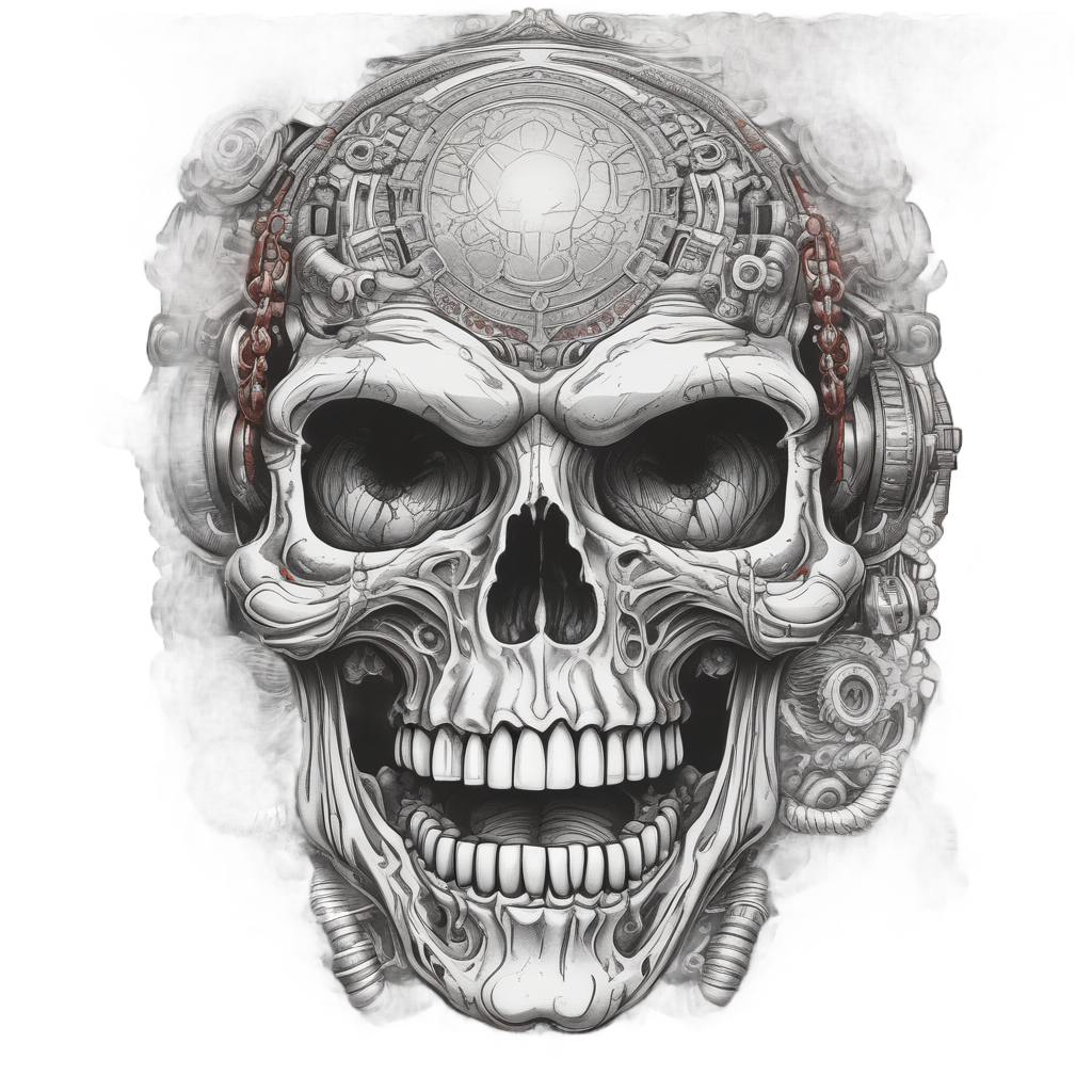 A laughing skull with chain jaw, gray and red tattoo style