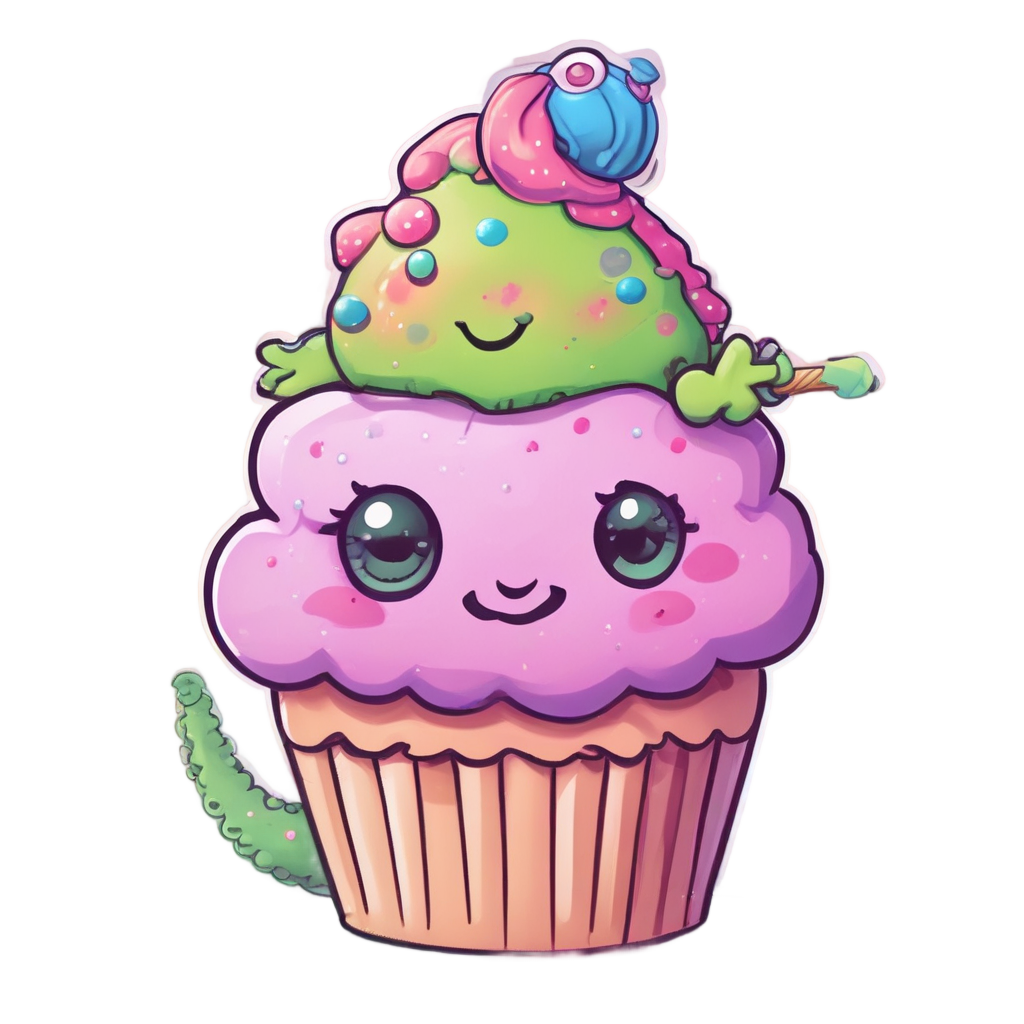 A kawaii chameleon in a chef hat on a pink frosted cupcake