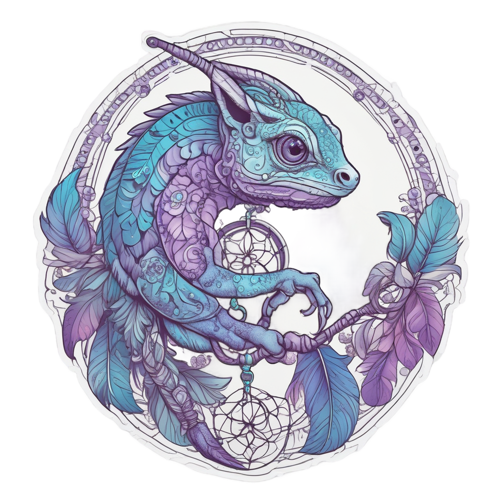 A blue and purple chameleon shaped like a dreamcatcher with feathers and beads.