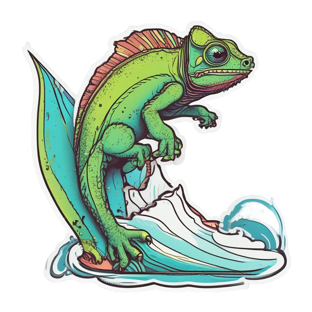 Chameleon surfing on neon wave