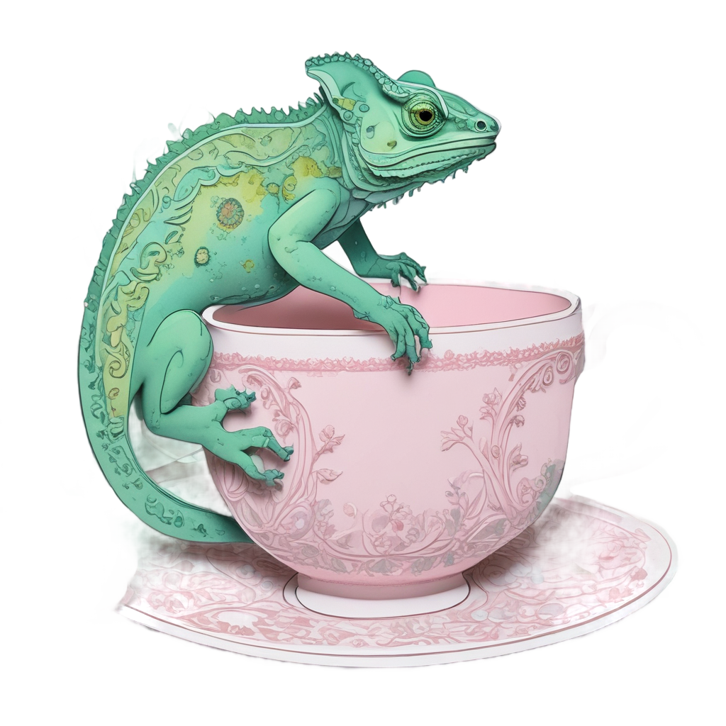 Papercut chameleon in floral dress pouring tea.