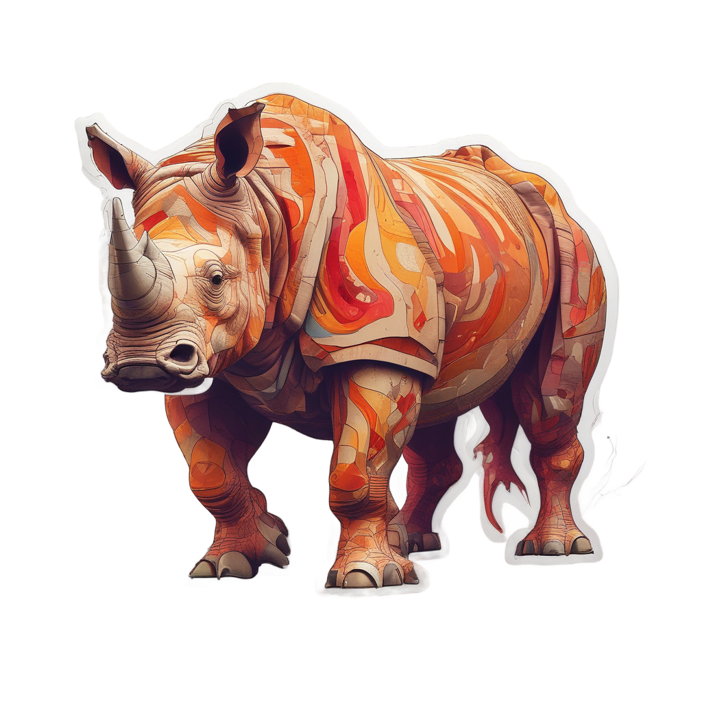 A papercut rhino charges forward with jagged orange and red paper pieces.