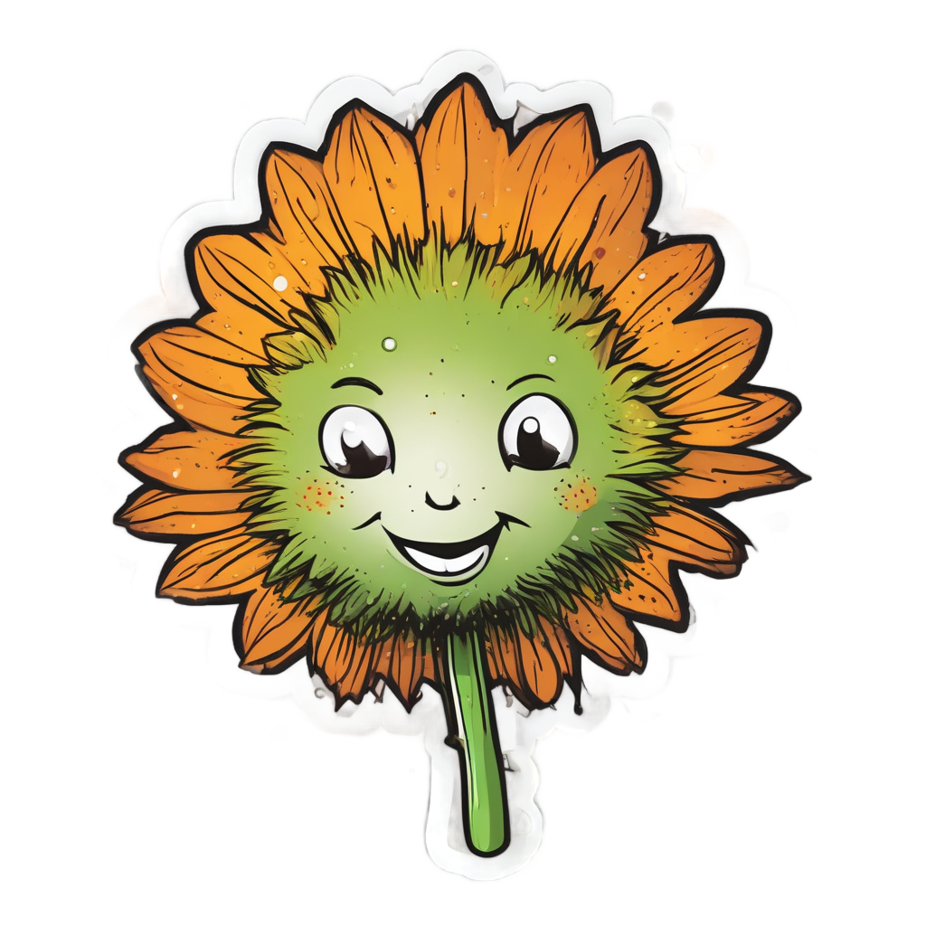 A dandelion puff with a wink and a flying seed in retro comic colors