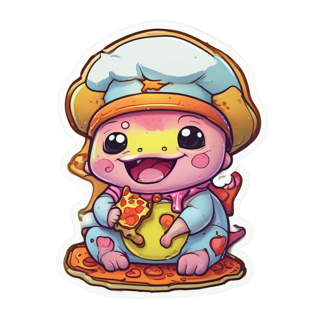 Neon chibi axolotl chef holding a glowing pizza slice.