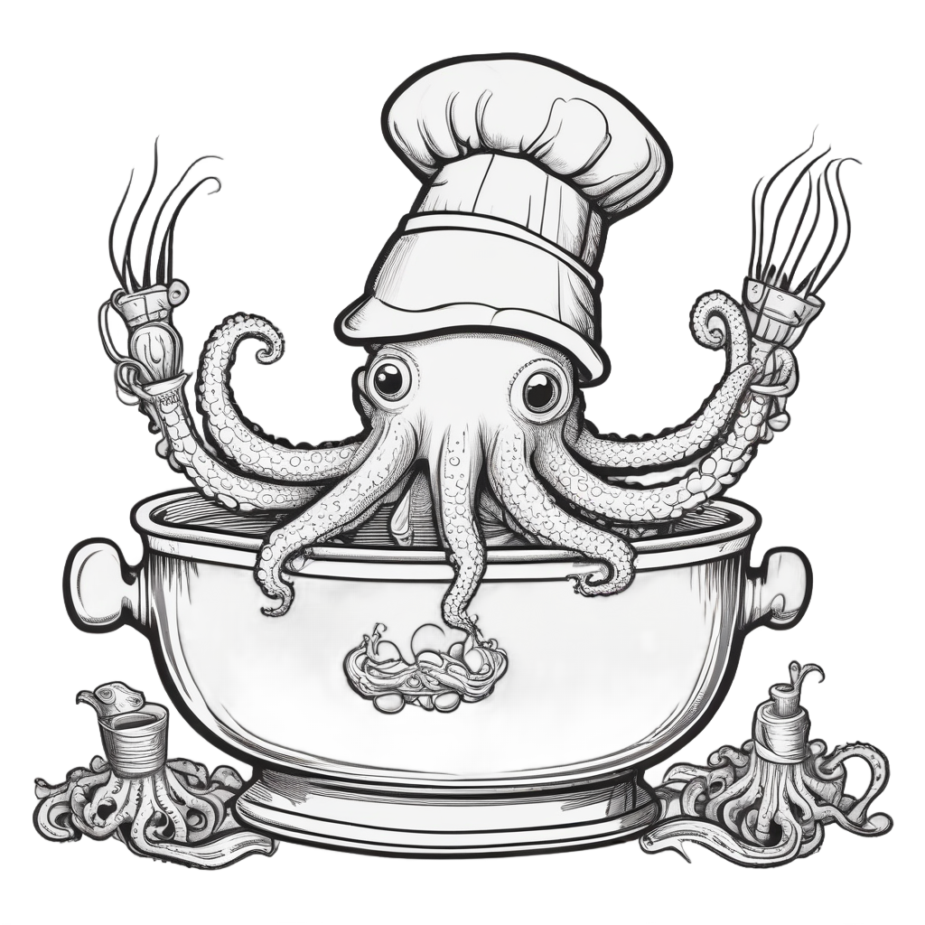 Lineart octopus chef wearing a tall hat and holding a whisk, stirring soup