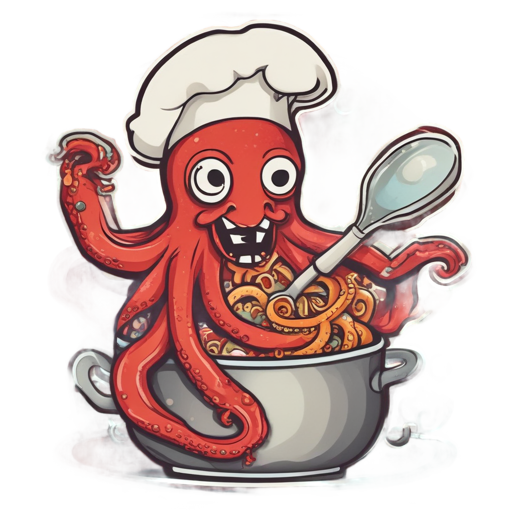 An octopus chef with a hat and spoon in papercut style