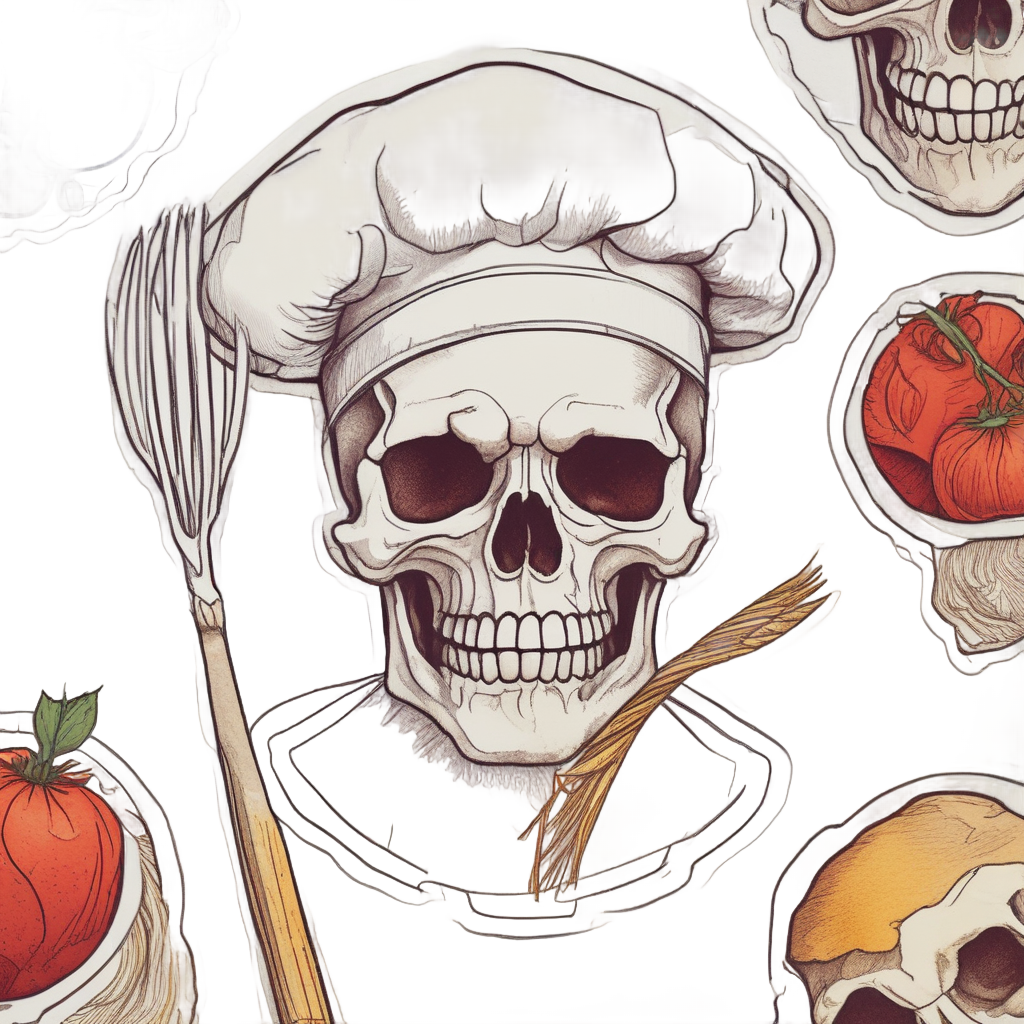 One-line skull chef with whisk, watercolor, warm colors