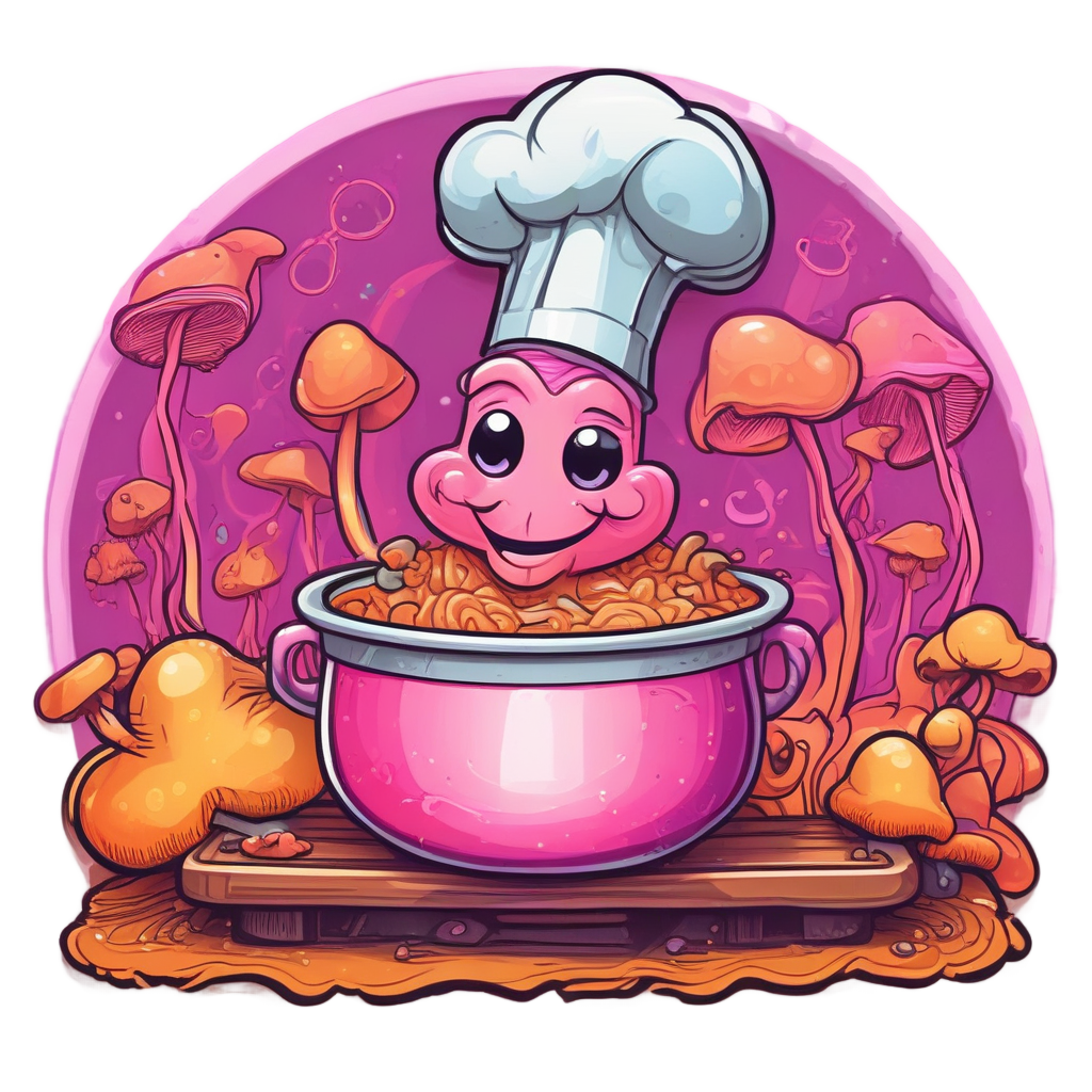 A neon snail chef stirs a pot of glowing mushroom soup.