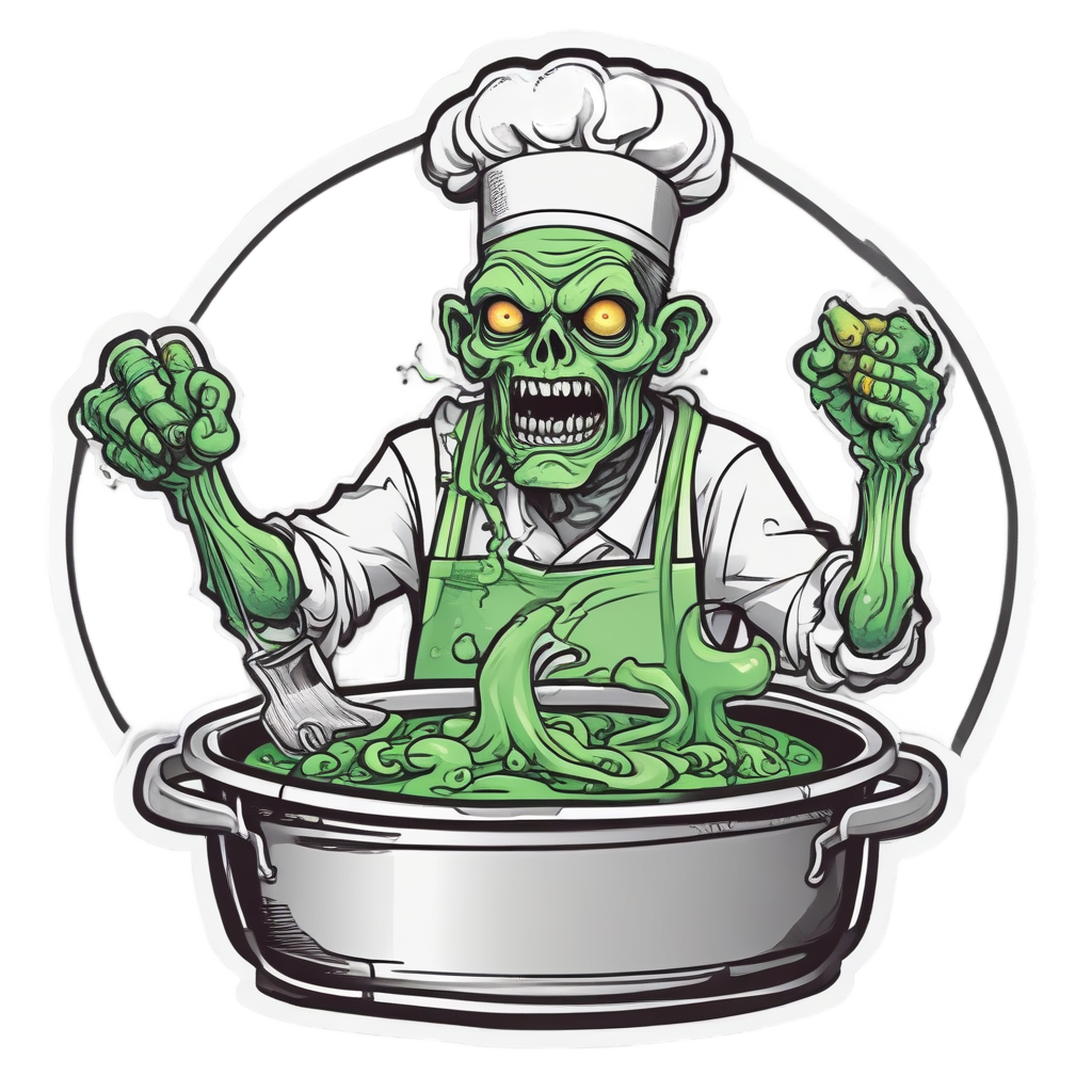 Zombie chef stirring a bubbling cauldron of green soup with a ladle.