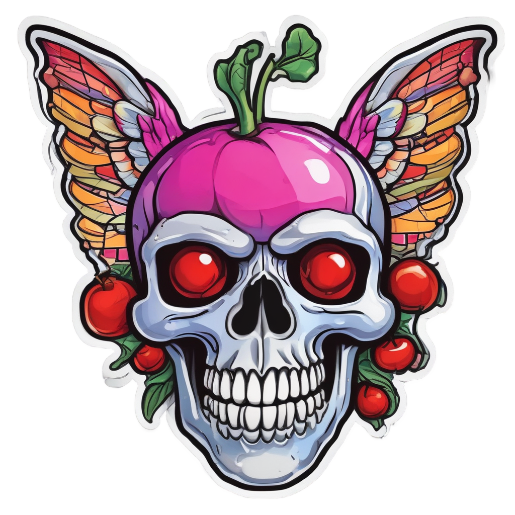A chrome skull winking, holding a red cherry, with iridescent wings on a white background.