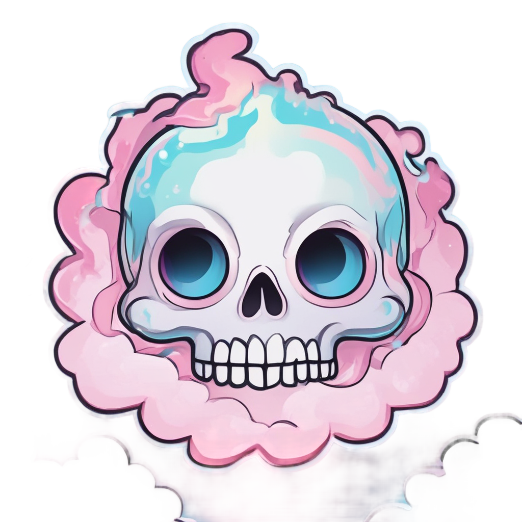Kawaii chrome flame skull with big eyes floating in pastel clouds