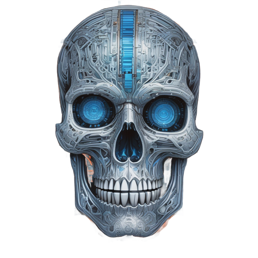 A silver and blue chrome pampas skull with circuit patterns on white
