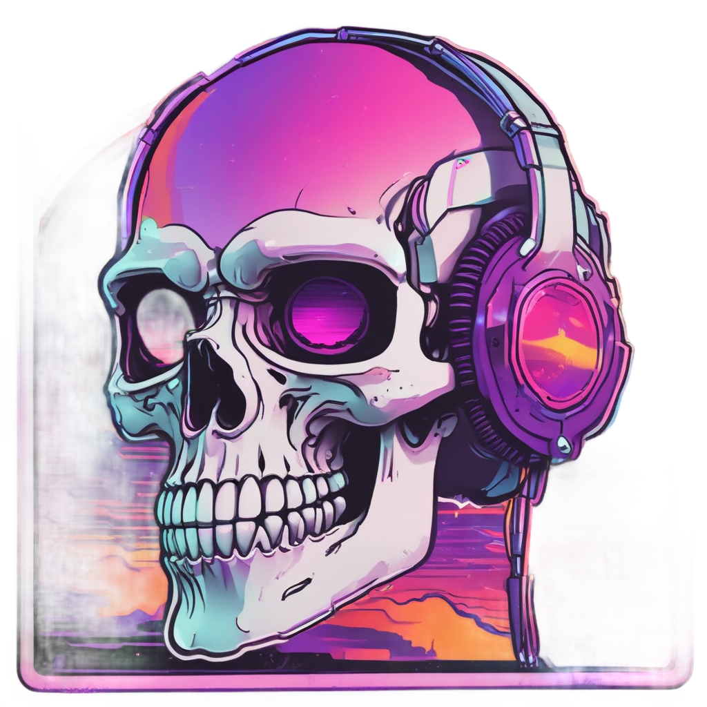 Holographic chrome synthwave skull with cassette and headset
