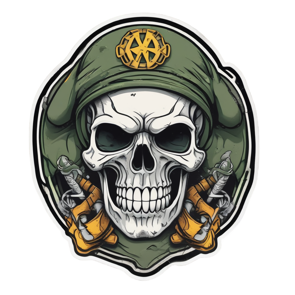 Skull with a sergeant stripe on cheek smoking a cigar, wearing a green bandana