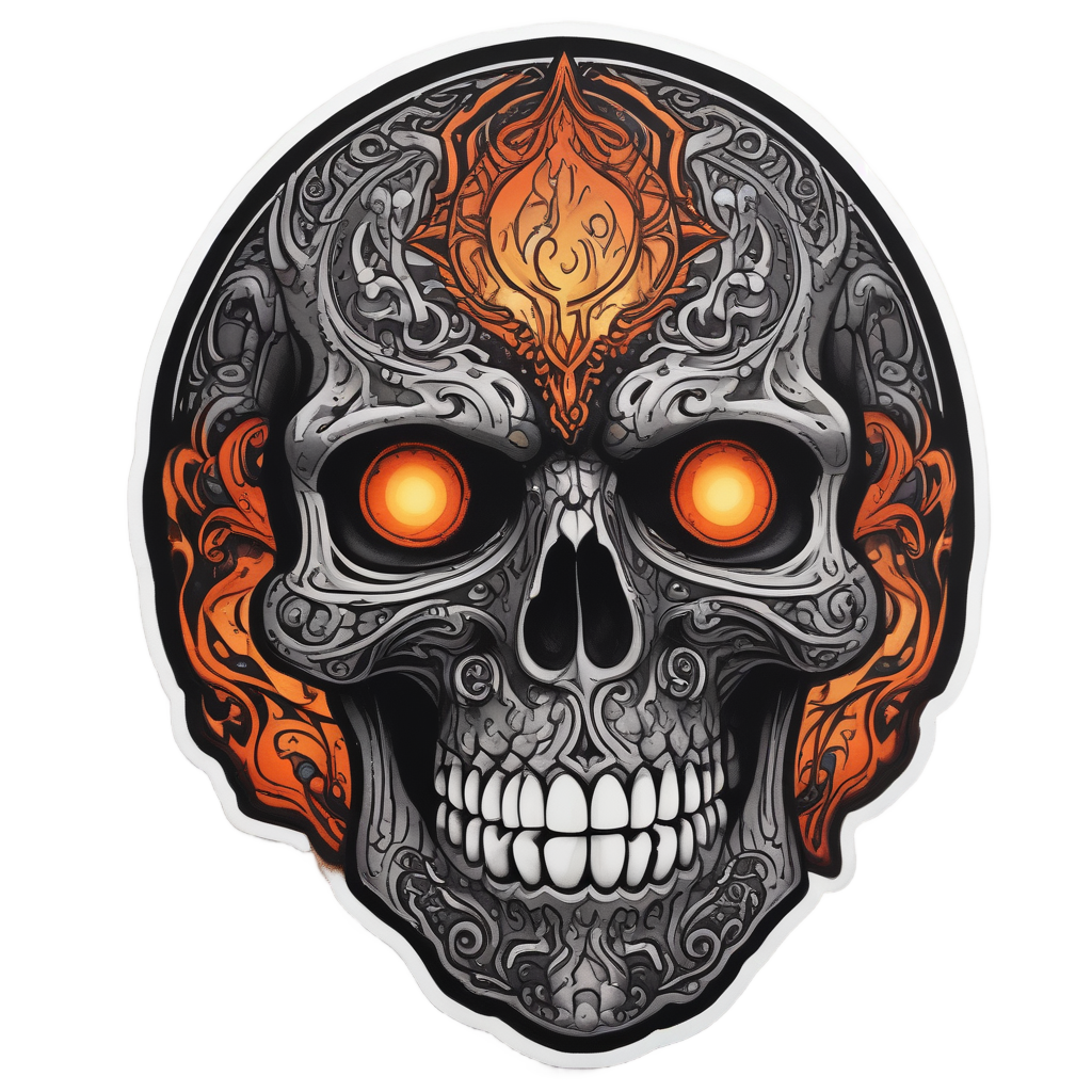 A skull with fiery orange ember eyes and tribal tattoo details on a white background.