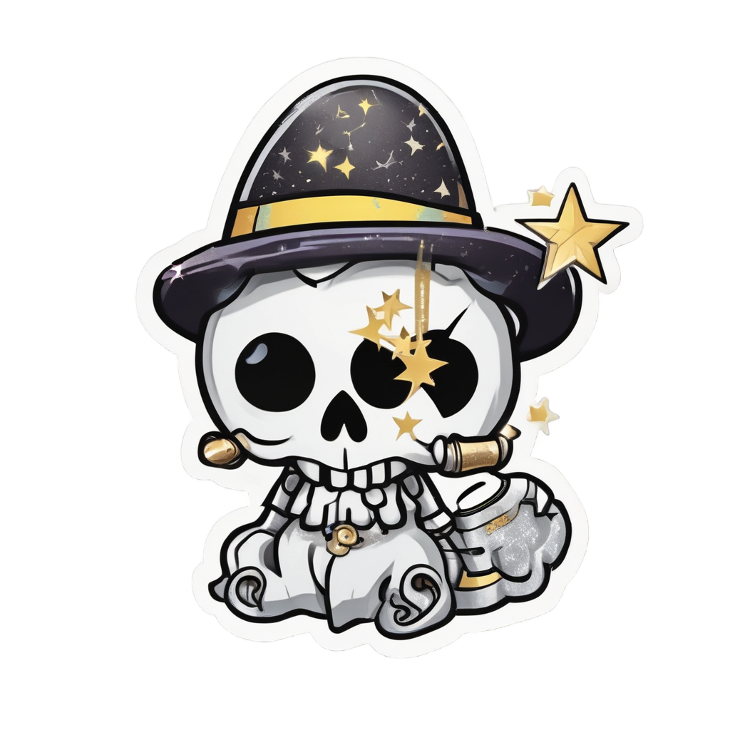 A glittery gold circuit skull with a wizard hat and magic wand.