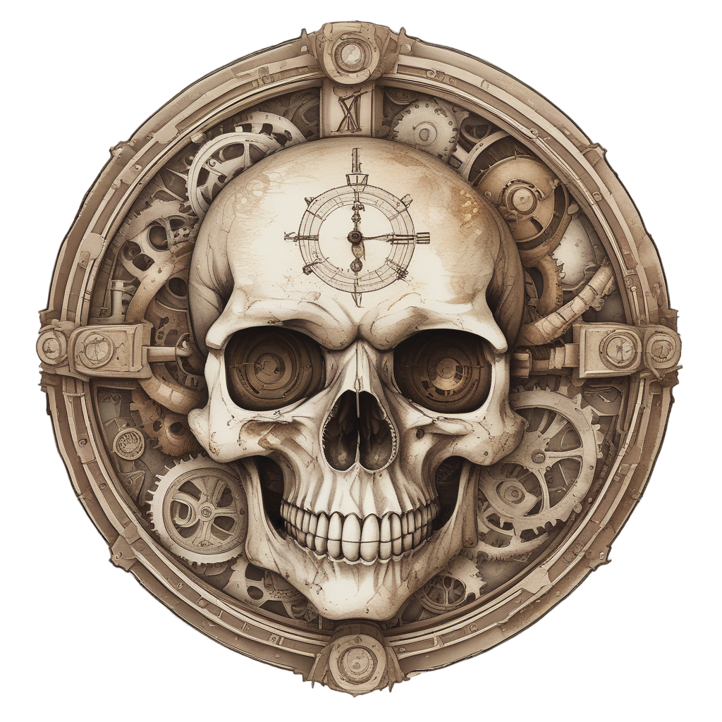 A skull formed by negative space in clock gears, watercolor style
