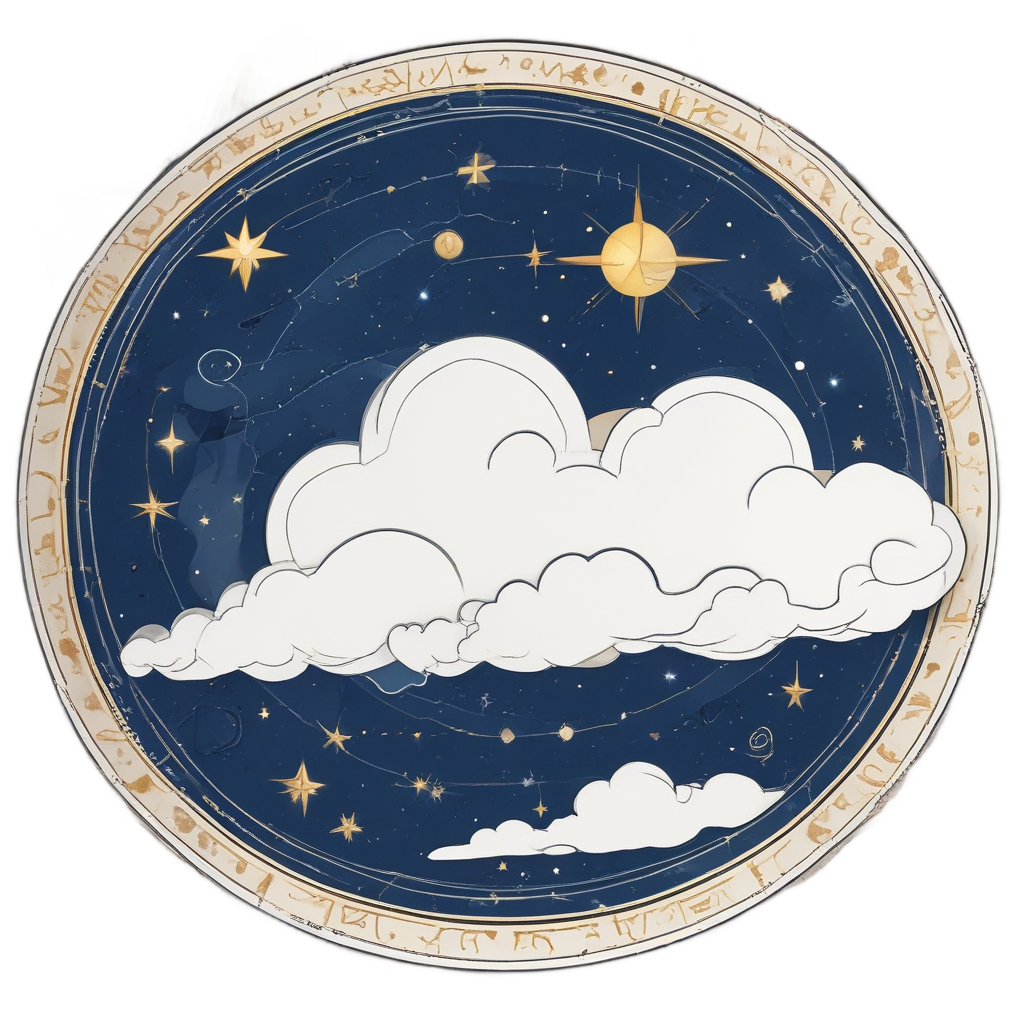A thoughtful cloud looking at a star map scroll with constellation lines.