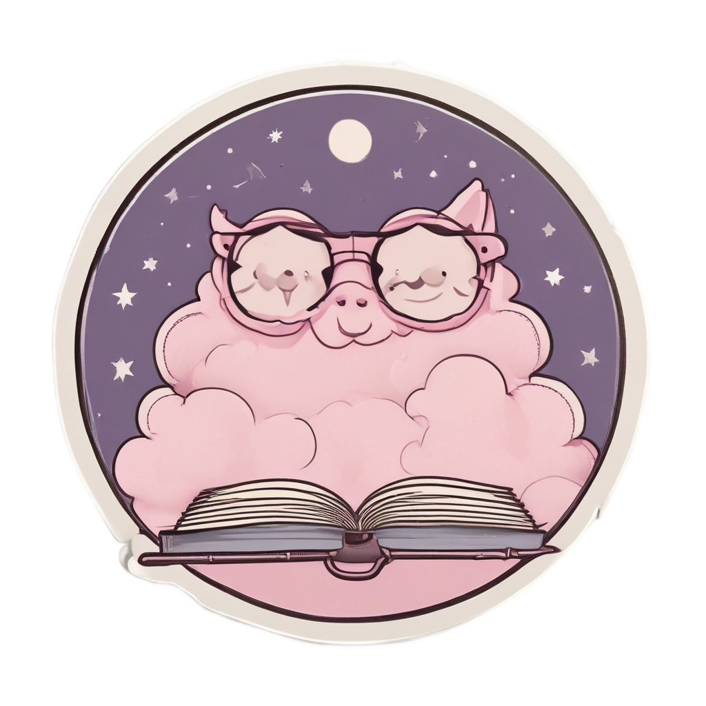 A retro cloud wearing glasses and reading a small book titled 'Stories of Stars'.