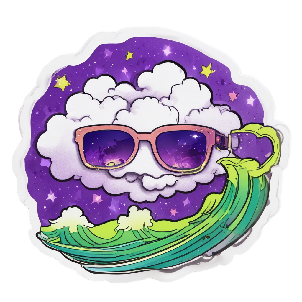 A fluffy cloud with sunglasses surfing a star wave