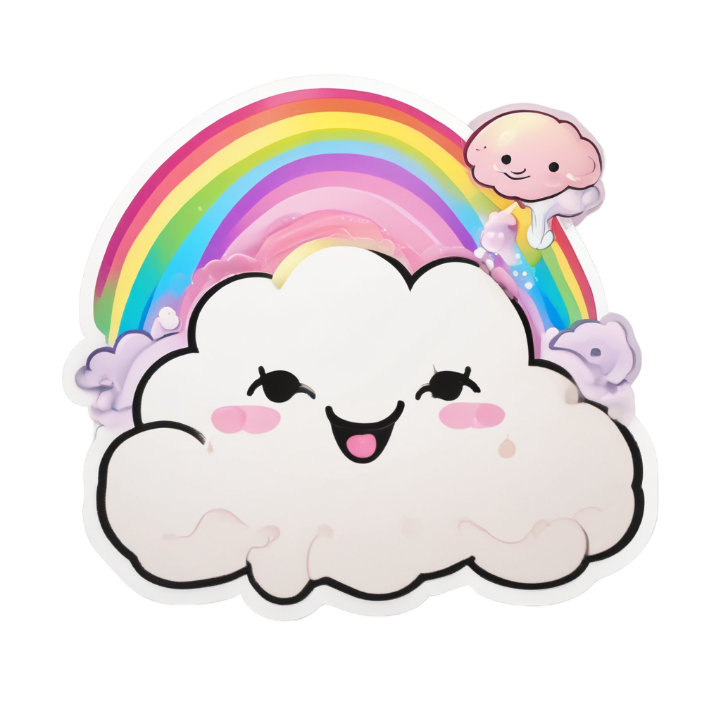Fluffy kawaii cloud with rainbow tear drop stickers