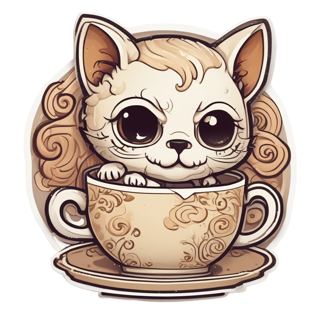 A kawaii kitty skull clutching a coffee cup with sleepy eyes.
