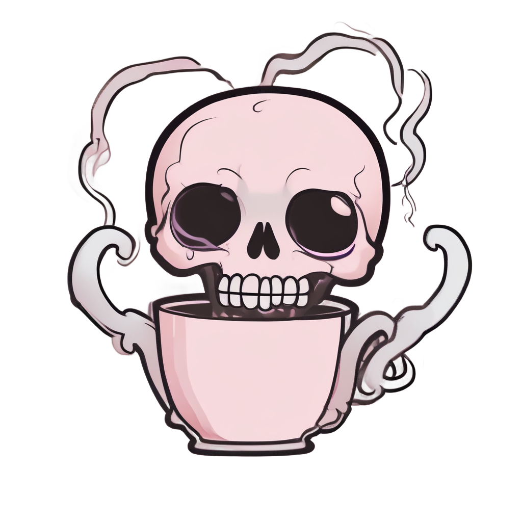 Kawaii skull drinking coffee from a tiny cup, one-line art style