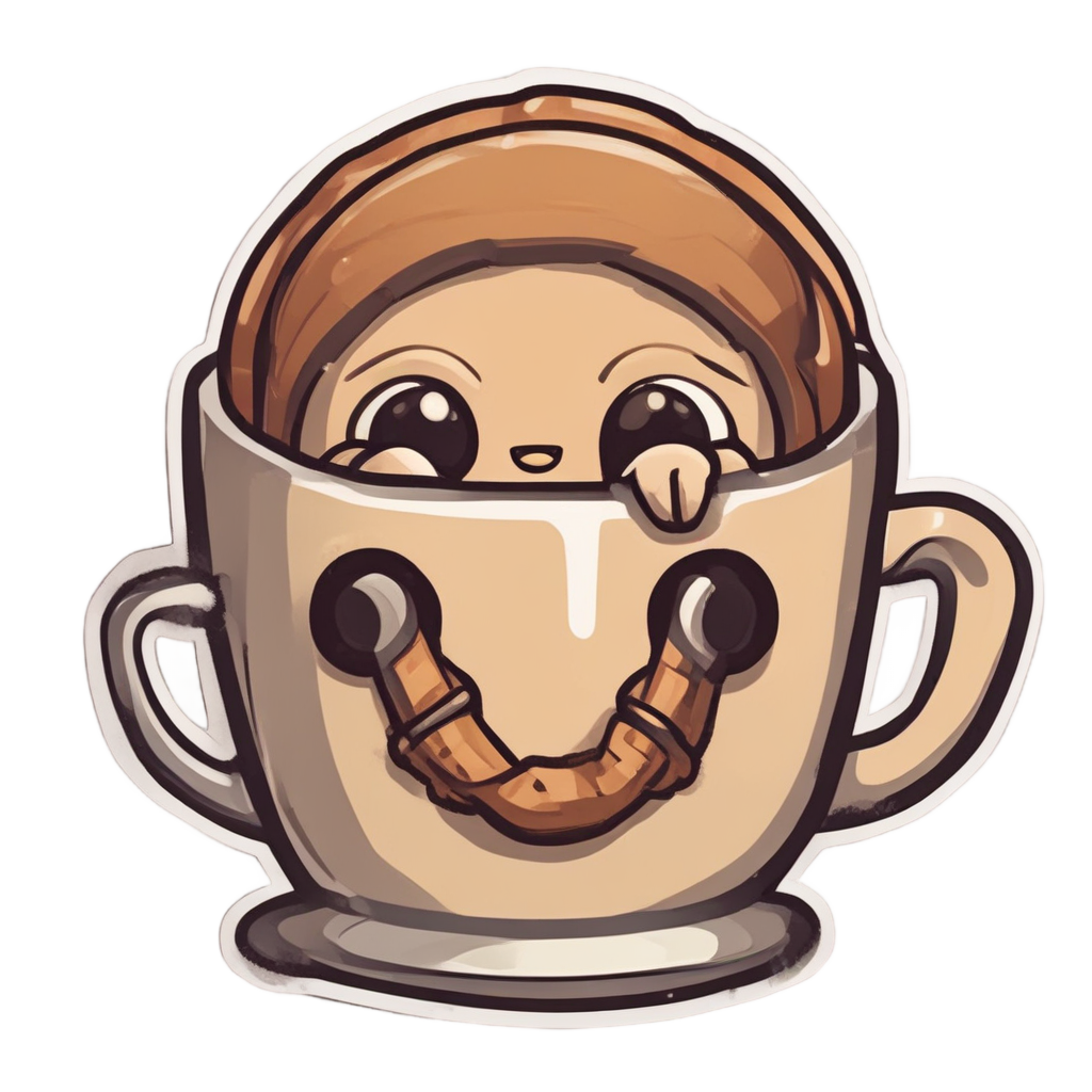 A beige and orange kawaii biohazard symbol holding a coffee mug with a scarf.