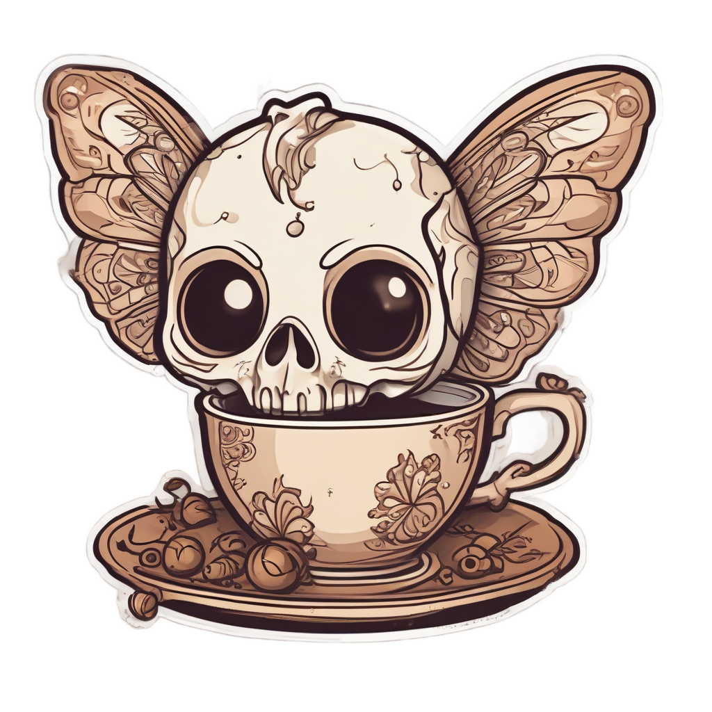 A kawaii moth skull holding a coffee cup with bean patterned wings, warm brown tones