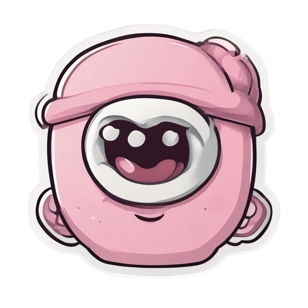 A kawaii pink eyeball wearing a coffee mug hat, holding a steaming cup with a tiny arm.