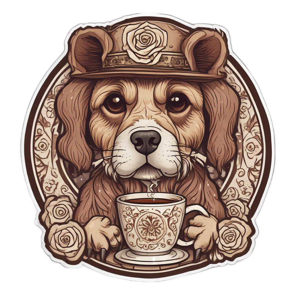 A kawaii dog sugar skull holding a coffee cup with bone