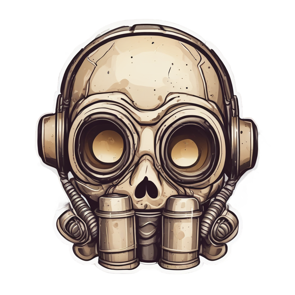 Kawaii gas mask skull holding coffee cup